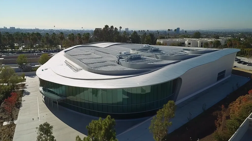 A commercial roof on a research laboratory in a location similar to Los Angeles with a futuristic aesthetic (AI image)