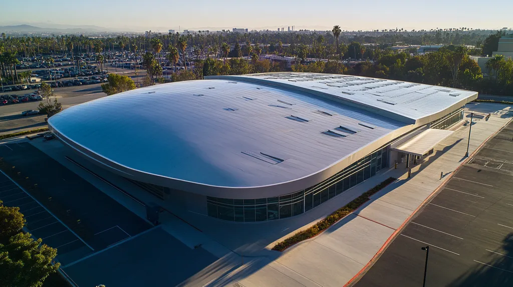 A commercial roof on a research laboratory in a location similar to Los Angeles with a futuristic aesthetic (AI image)