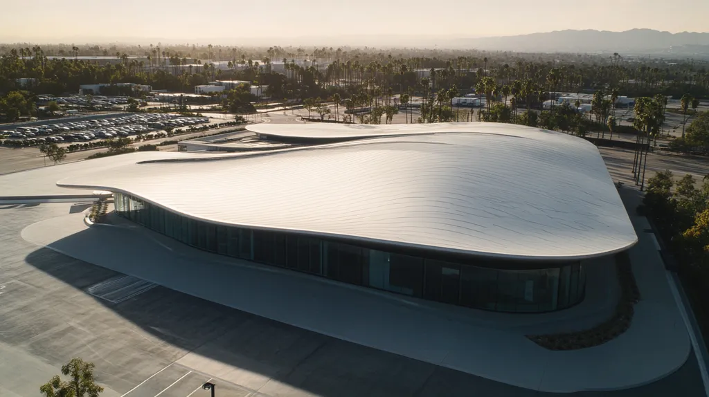 A commercial roof on a research laboratory in a location similar to Los Angeles with a futuristic aesthetic (AI image)