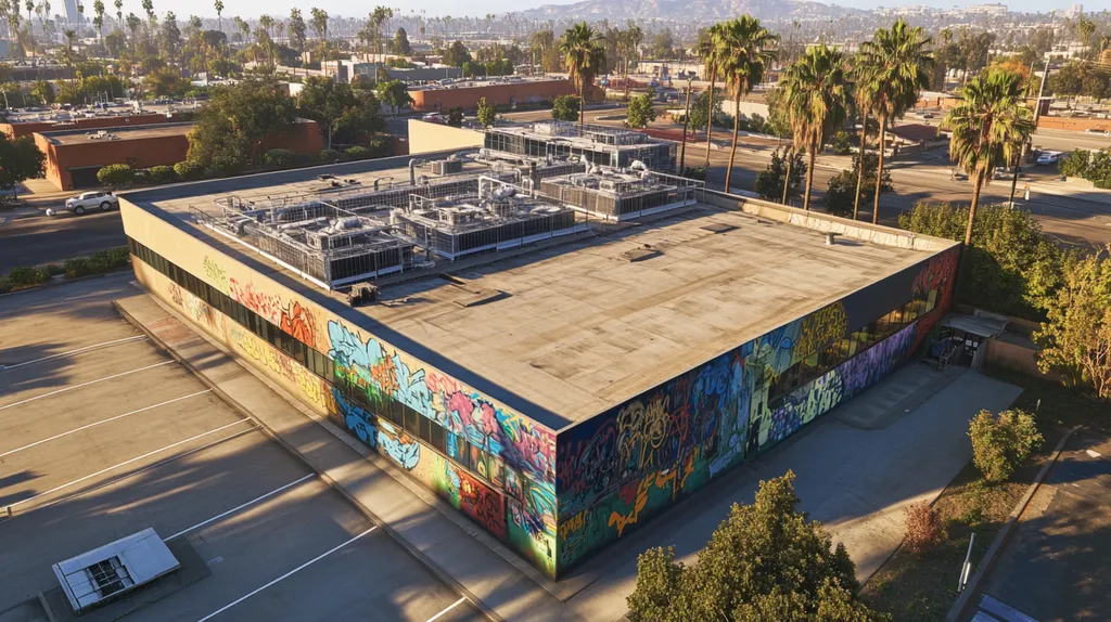 A commercial roof on a laboratory in a location similar to Los Angeles with a graffiti mural aesthetic (AI image)