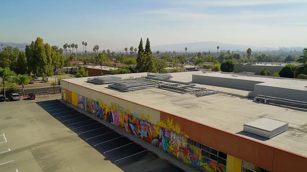 A commercial roof on a research laboratory in a location similar to Los Angeles with a graffiti mural aesthetic (AI image)