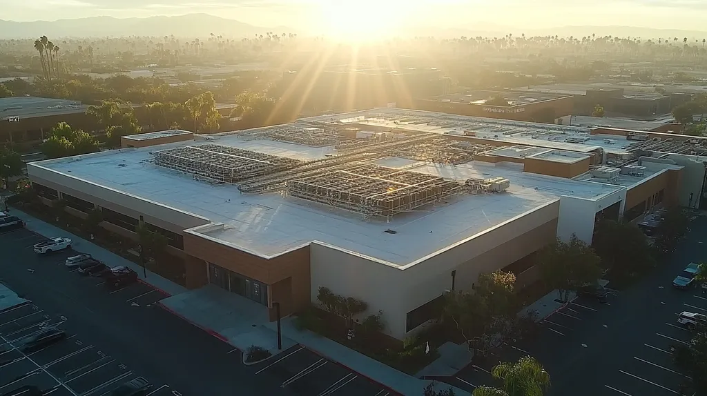 A commercial roof on a research laboratory in a location similar to Los Angeles with a light beams aesthetic (AI image)