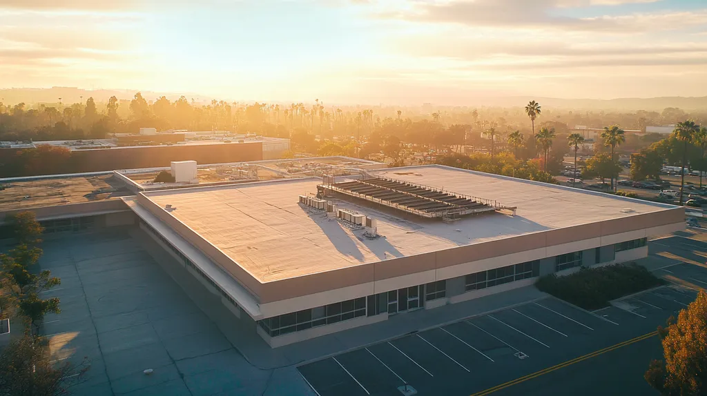 A commercial roof on a research laboratory in a location similar to Los Angeles with a light beams aesthetic (AI image)