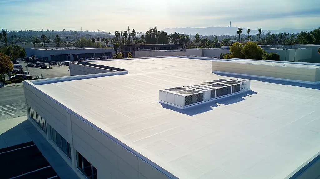 A commercial roof on a research laboratory in a location similar to Los Angeles with a light beams aesthetic (AI image)