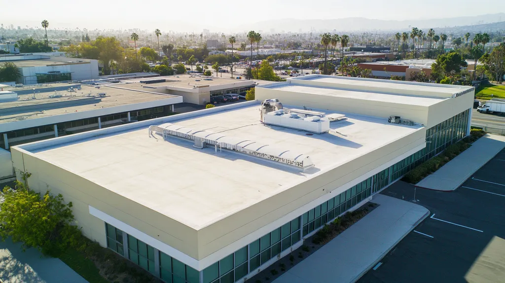 A commercial roof on a research laboratory in a location similar to Los Angeles with an urban context aesthetic (AI image)