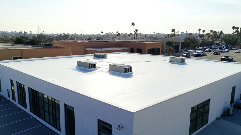 A commercial roof on a research laboratory in a location similar to Los Angeles with an urban context aesthetic (AI image)