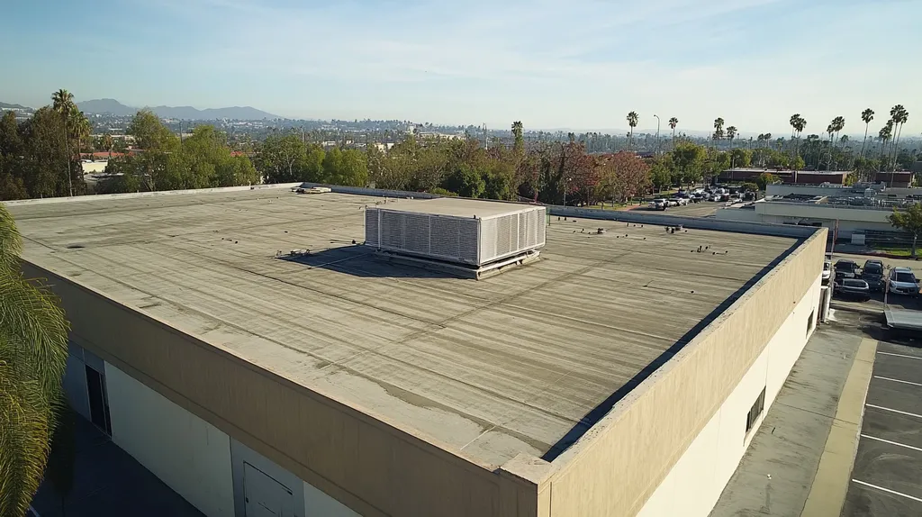 A commercial roof on a research laboratory in a location similar to Los Angeles with an urban context aesthetic (AI image)