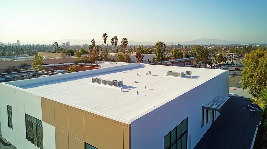 A commercial roof on a research laboratory in a location similar to Los Angeles with an urban context aesthetic (AI image)