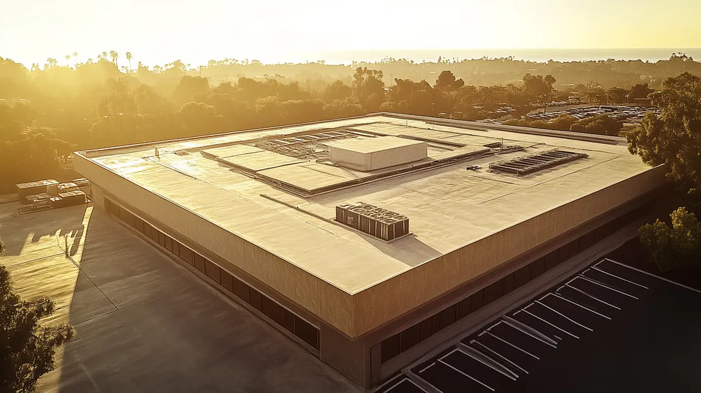 A commercial roof on a research laboratory in a location similar to Malibu with an architectural sketch rendering aesthetic (AI image)