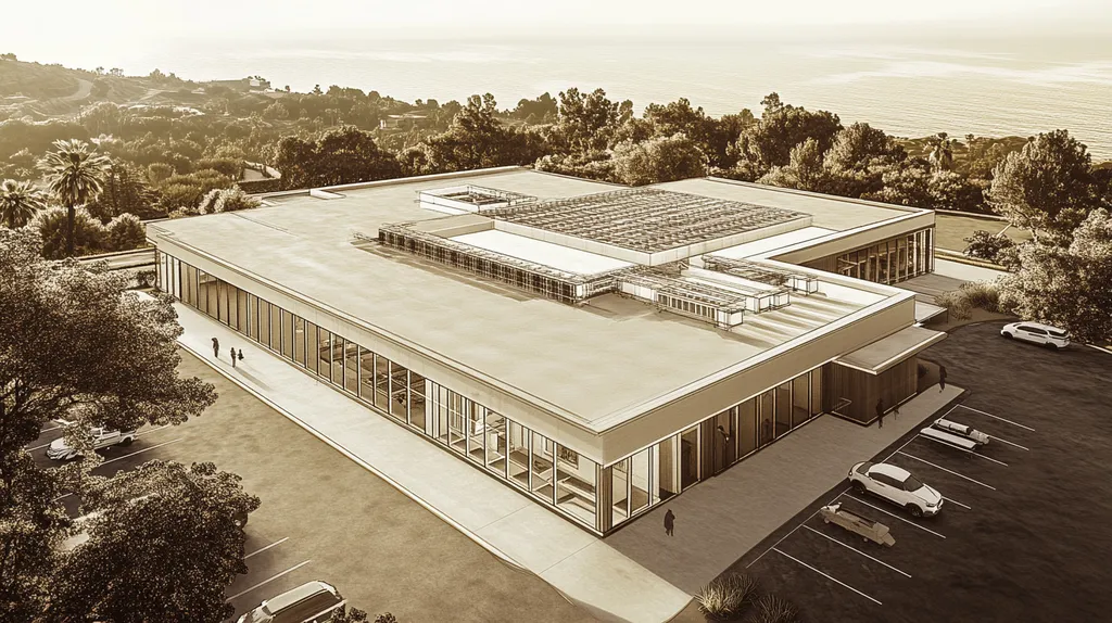 A commercial roof on a research laboratory in a location similar to Malibu with an architectural sketch rendering aesthetic (AI image)