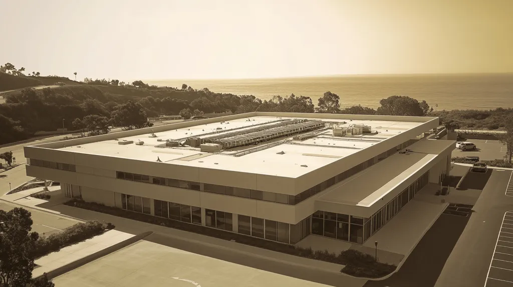 A commercial roof on a research laboratory in a location similar to Malibu with an architectural sketch rendering aesthetic (AI image)