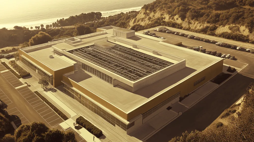 A commercial roof on a research laboratory in a location similar to Malibu with an architectural sketch rendering aesthetic (AI image)