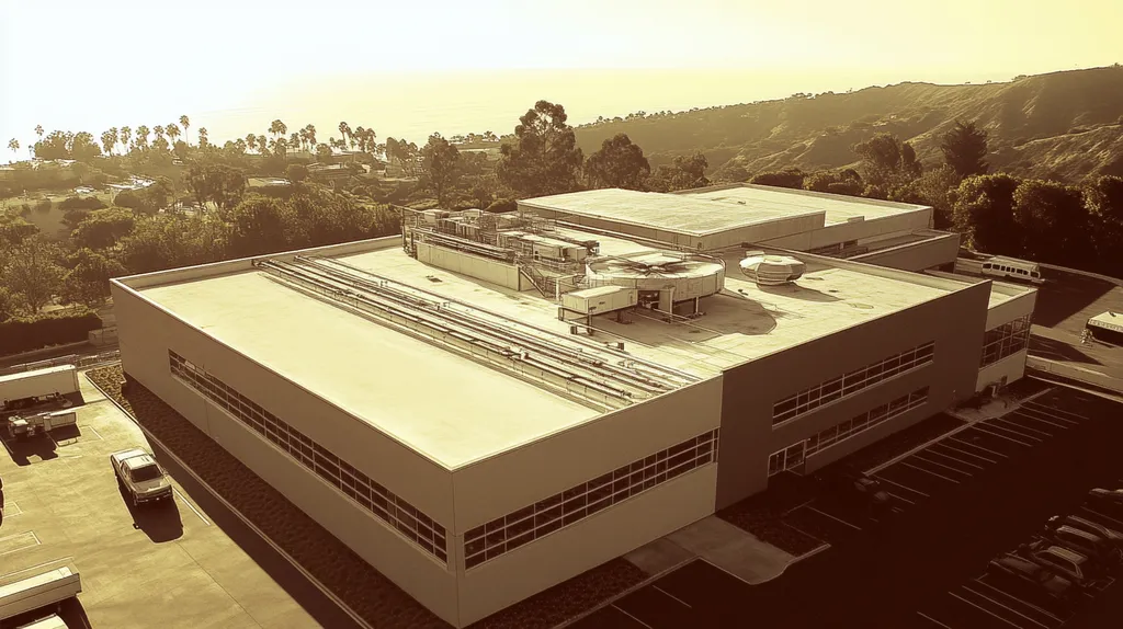 A commercial roof on a research laboratory in a location similar to Malibu with an architectural sketch rendering aesthetic (AI image)