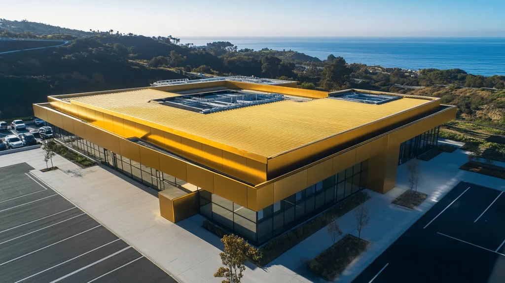 A commercial roof on a laboratory in a location similar to Malibu with a solid gold aesthetic (AI image)