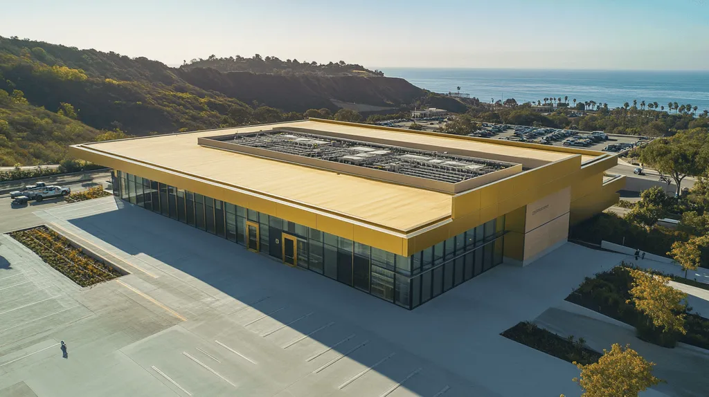 A commercial roof on a laboratory in a location similar to Malibu with a solid gold aesthetic (AI image)