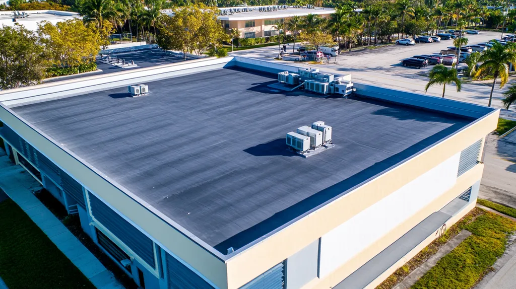 A commercial roof on a laboratory in a location similar to Miami with a cross-processed look aesthetic (AI image)