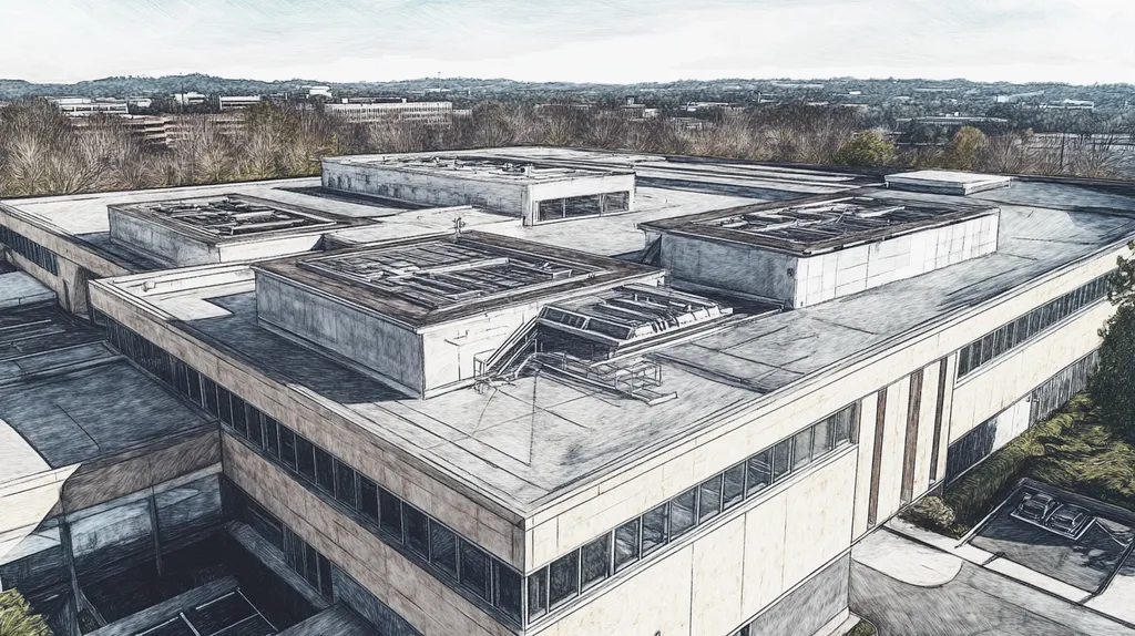 A commercial roof on a research laboratory in a location similar to Nashville with a charcoal sketch aesthetic (AI image)