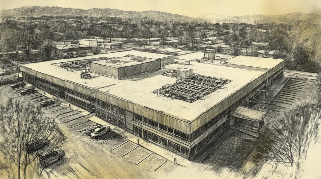 A commercial roof on a research laboratory in a location similar to Nashville with a charcoal sketch aesthetic (AI image)