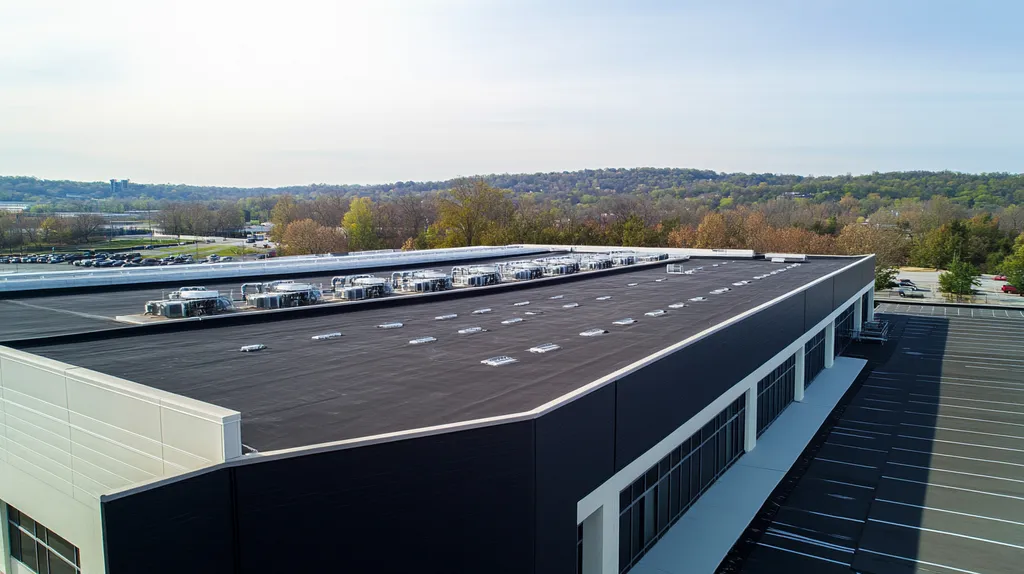 A commercial roof on a research laboratory in a location similar to Nashville with a color highlight aesthetic (AI image)