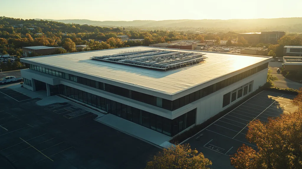 A commercial roof on a research laboratory in a location similar to Nashville with a color highlight aesthetic (AI image)