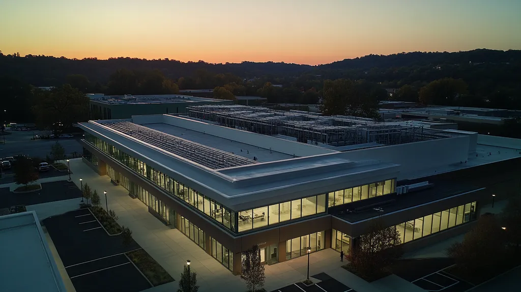 A commercial roof on a research laboratory in a location similar to Nashville with an illuminated nightscape aesthetic (AI image)