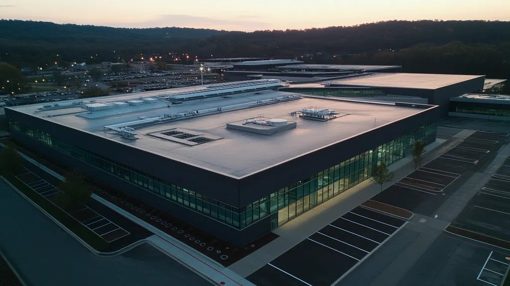 A commercial roof on a research laboratory in a location similar to Nashville with an illuminated nightscape aesthetic (AI image)