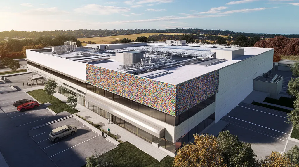 A commercial roof on a research laboratory in a location similar to Nashville with a mosaic tile art aesthetic (AI image)