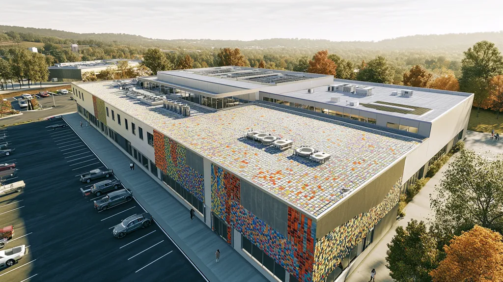 A commercial roof on a research laboratory in a location similar to Nashville with a mosaic tile art aesthetic (AI image)
