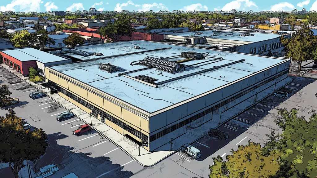 A commercial roof on a research laboratory in a location similar to New Orleans with a comic book style aesthetic (AI image)