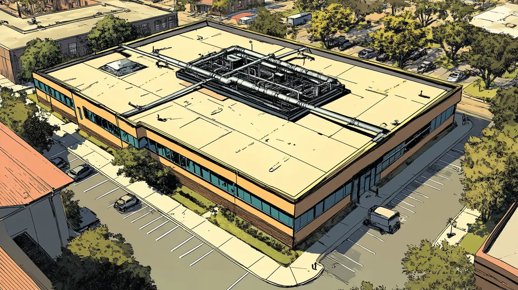 A commercial roof on a research laboratory in a location similar to New Orleans with a comic book style aesthetic (AI image)