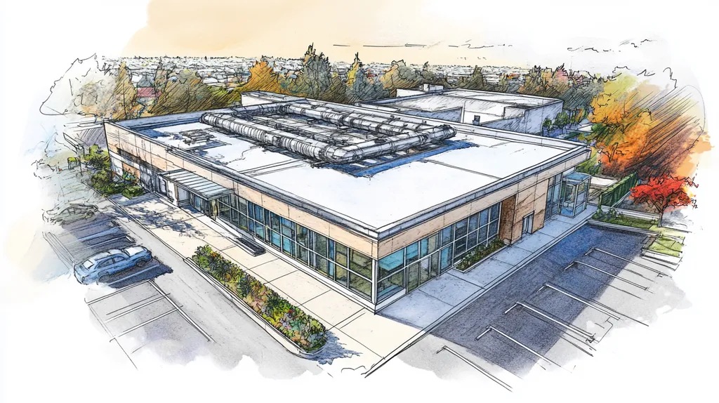 A commercial roof on a laboratory in a location similar to Newport Beach with a charcoal sketch aesthetic (AI image)