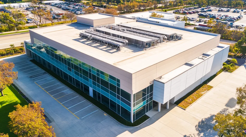 A commercial roof on a research laboratory in a location similar to Newport Beach with a cross-processed look aesthetic (AI image)