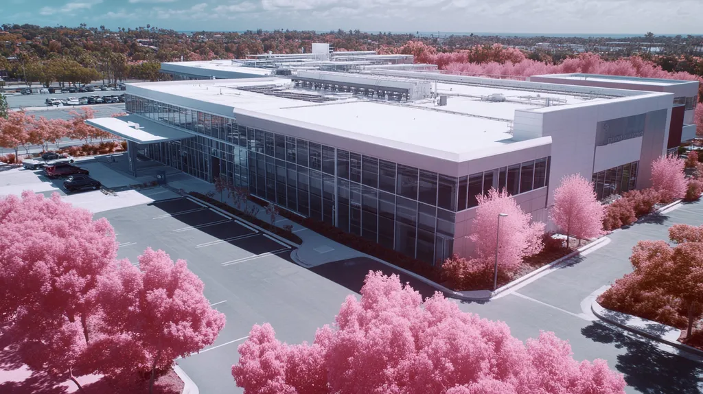 A commercial roof on a research laboratory in a location similar to Newport Beach with an infrared photography aesthetic (AI image)