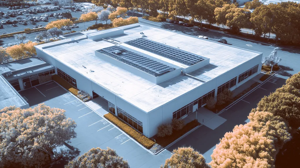 A commercial roof on a research laboratory in a location similar to Newport Beach with an infrared photography aesthetic (AI image)