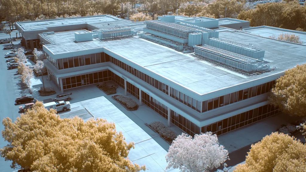 A commercial roof on a research laboratory in a location similar to Newport Beach with an infrared photography aesthetic (AI image)