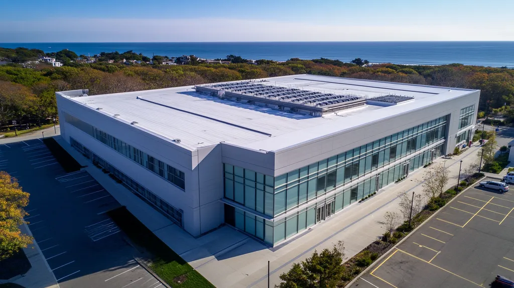 A commercial roof on a research laboratory in a location similar to Newport, Rhode Island with an architectural photography aesthetic (AI image)