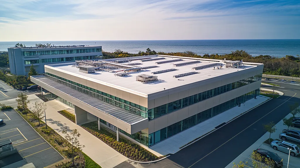 A commercial roof on a research laboratory in a location similar to Newport, Rhode Island with an architectural photography aesthetic (AI image)