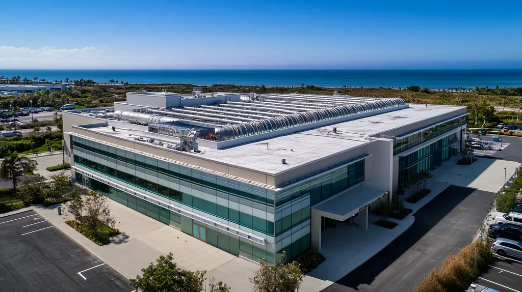 A commercial roof on a research laboratory in a location similar to Newport, Rhode Island with an architectural photography aesthetic (AI image)