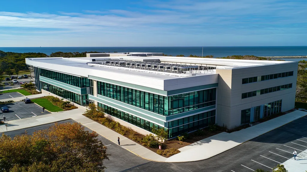 A commercial roof on a research laboratory in a location similar to Newport, Rhode Island with an architectural photography aesthetic (AI image)