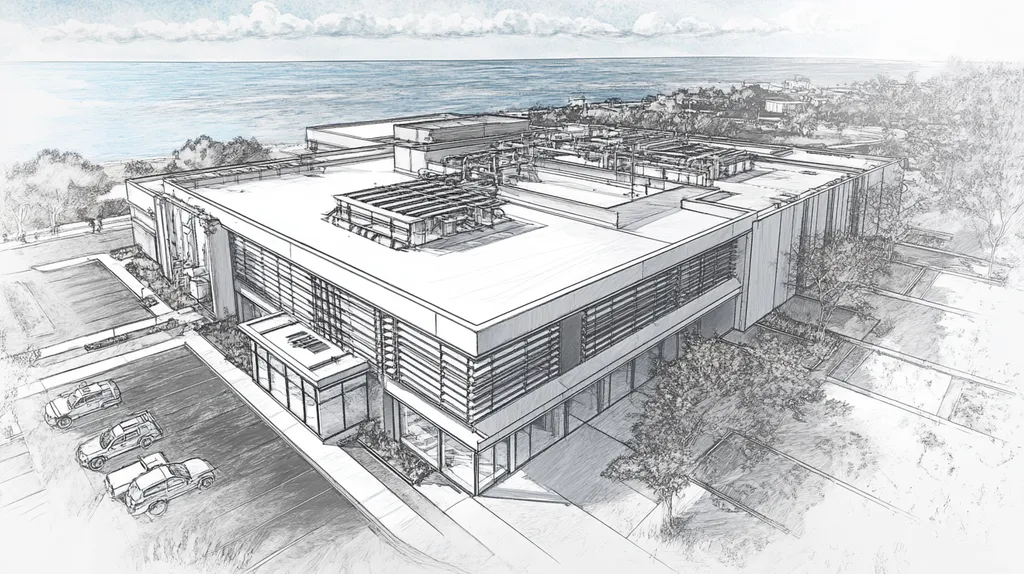 A commercial roof on a research laboratory in a location similar to Newport, Rhode Island with a charcoal sketch aesthetic (AI image)