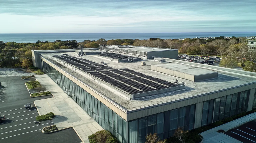 A commercial roof on a research laboratory in a location similar to Newport, Rhode Island with a charcoal sketch aesthetic (AI image)