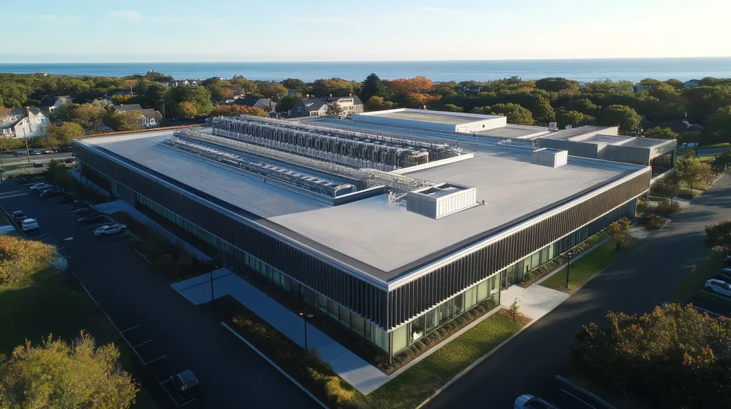 A commercial roof on a research laboratory in a location similar to Newport, Rhode Island with a charcoal sketch aesthetic (AI image)