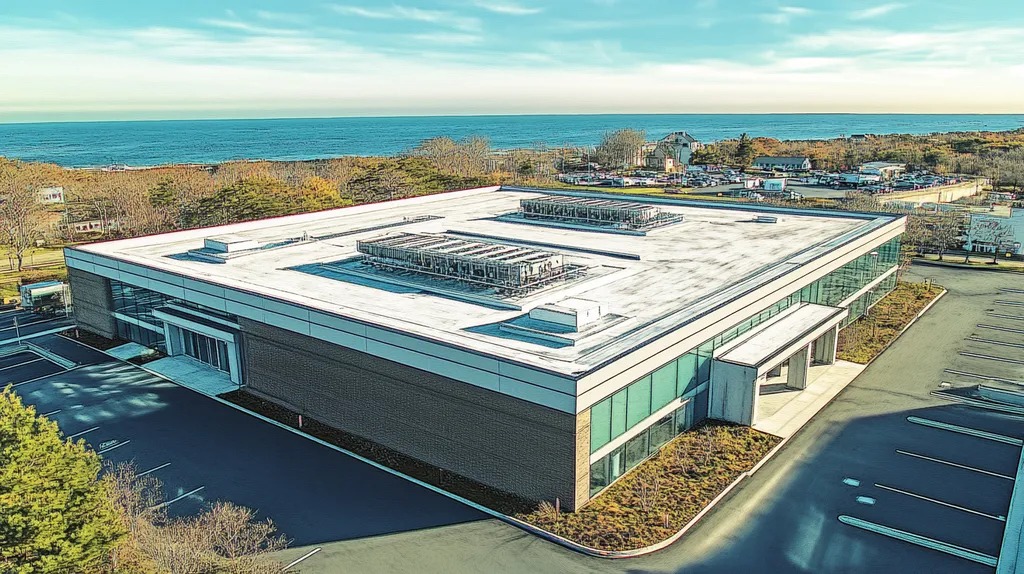A commercial roof on a research laboratory in a location similar to Newport, Rhode Island with a charcoal sketch aesthetic (AI image)