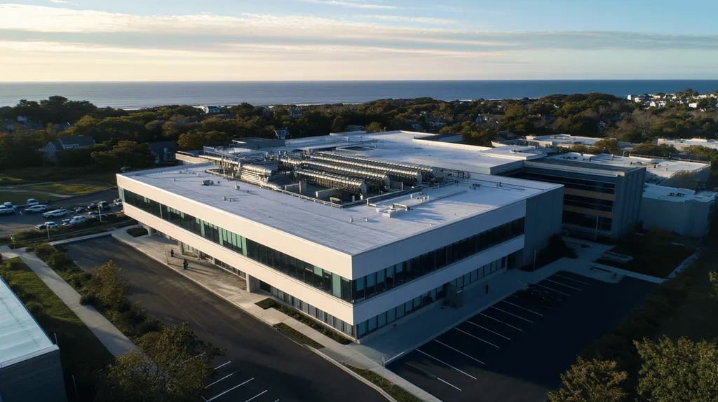 A commercial roof on a laboratory in a location similar to Newport, Rhode Island with a cross-processed look aesthetic (AI image)