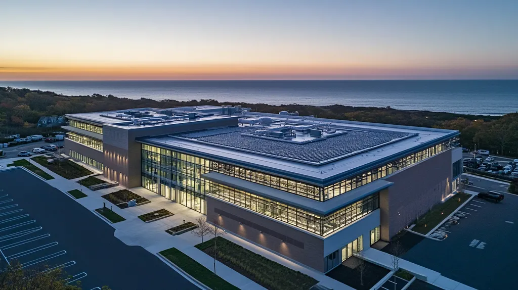 A commercial roof on a research laboratory in a location similar to Newport, Rhode Island with an illuminated nightscape aesthetic (AI image)
