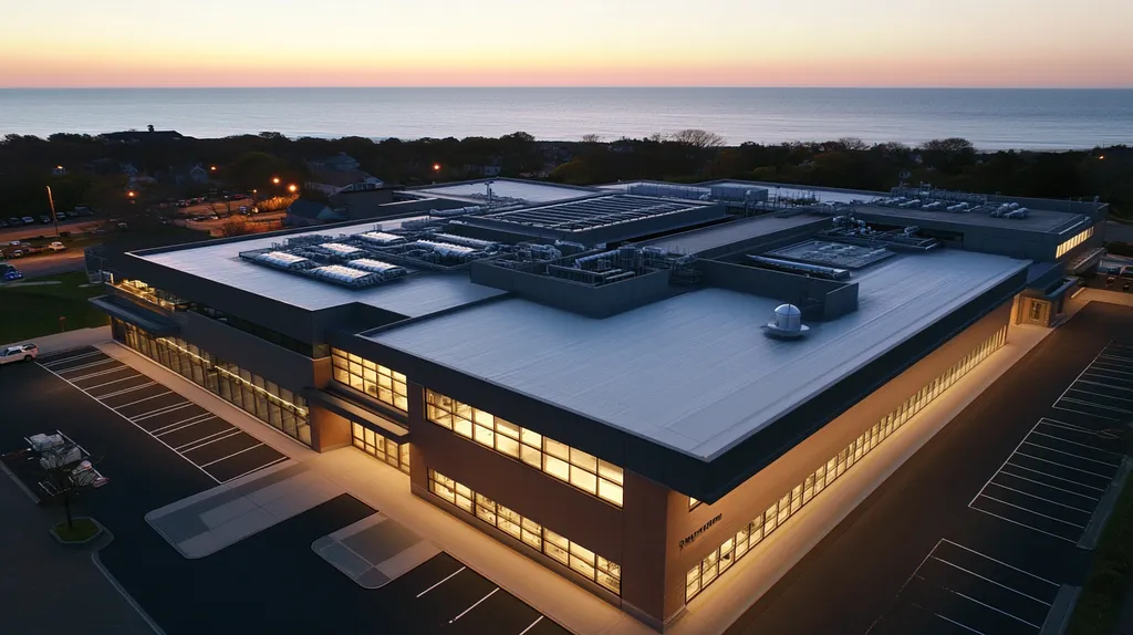 A commercial roof on a research laboratory in a location similar to Newport, Rhode Island with an illuminated nightscape aesthetic (AI image)