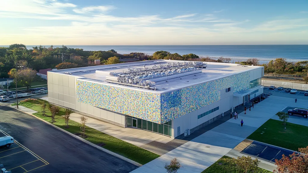 A commercial roof on a laboratory in a location similar to Newport, Rhode Island with a mosaic tile art aesthetic (AI image)