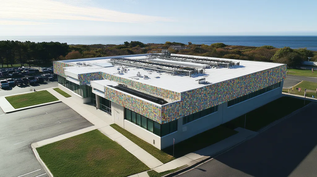 A commercial roof on a research laboratory in a location similar to Newport, Rhode Island with a mosaic tile art aesthetic (AI image)