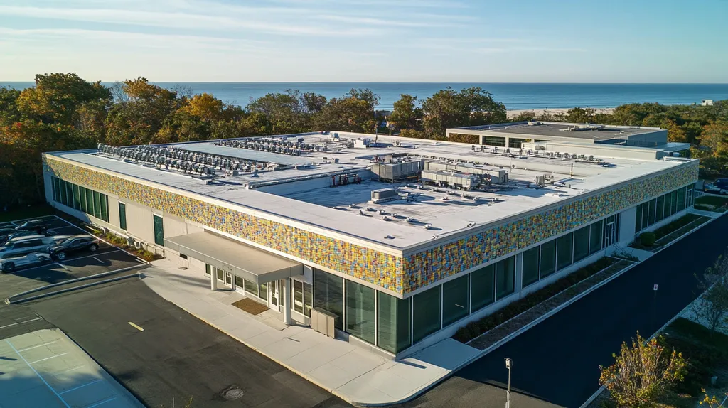 A commercial roof on a research laboratory in a location similar to Newport, Rhode Island with a mosaic tile art aesthetic (AI image)