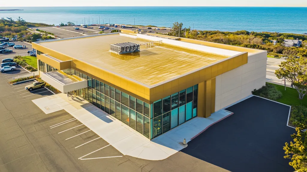 A commercial roof on a research laboratory in a location similar to Newport, Rhode Island with a solid gold aesthetic (AI image)